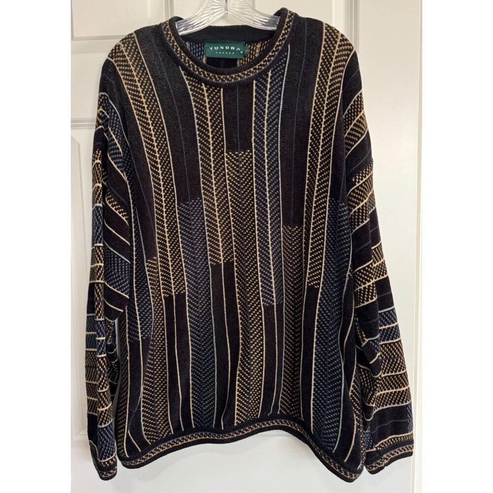 Vintage Tundra Canada Sweater Black Striped Cosby Grandpacore Retro Mens Large L